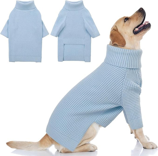 Queenmore Turtleneck Dog Sweater, Plaid Doggie Sweaters, Large Dogs Sweater with Check Pattern, Long Sleeve Holiday Pet Sweatershirt, Solid Dog Sweaters for Large Dogs, Blue L