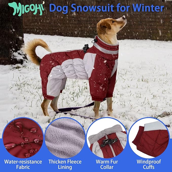 MIGOHI Full Body Dog Coat - Warm Reflective Winter Coat with Harness, Turtleneck Fleece Jacket for Small to Large Dogs - Four-Legged Snowsuit with Zipper