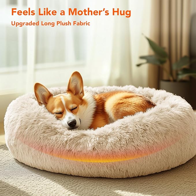 Deconovo Calming Donut Dog Bed, Washable Plush Round Pet Bed for Small Dogs & Cats with Raised Rim, Non-Slip Base and Soft Faux Fur—Lightweight, Easy-Care Design Beige 37" L x 37" W x 8" Th