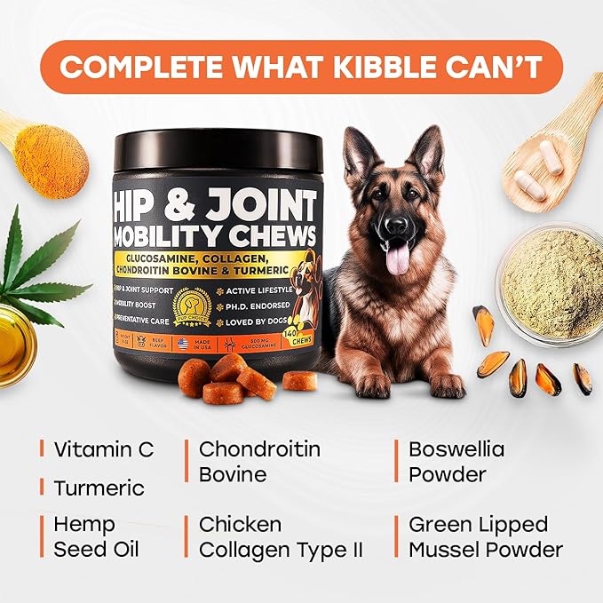 Glucosamine for Dogs 500mg – Hip & Joint Support Treats with Collagen, Chondroitin & Turmeric – PhD Endorsed Formula - Mobility Supplement for Dogs – 140 Chews – Beef Flavor – Made in USA