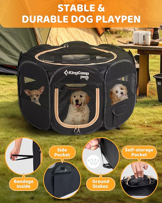 KingCamp Dog Playpen, Portable Foldable Cat Kitten Puppy Tent Crates 29"/36"/50" Pop Up Pet Playpen with Zippered Bottom & Cover for Indoor Outdoor Use (X-Large, Black)