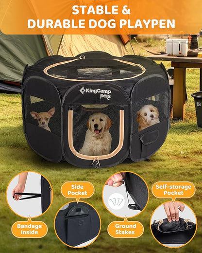 KingCamp Dog Playpen, Portable Foldable Cat Kitten Puppy Tent Crates 29"/36"/50" Pop Up Pet Playpen with Zippered Bottom & Cover for Indoor Outdoor Use (X-Large, Black)