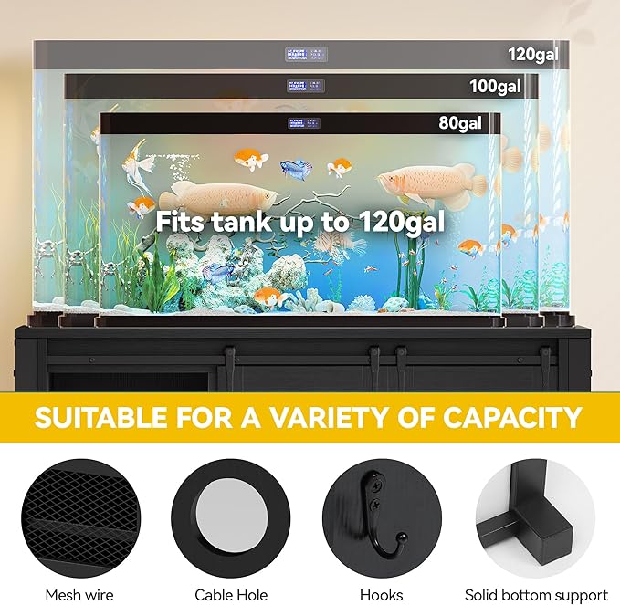 DWVO 120 Gallon Aquarium Stand with Power Outlets, Heavy Duty Metal Fish Tank Stand & Cabinet, Reptile Terrarium Table with 1100LBS Capacity for Aquarium Accessories Storage, Black