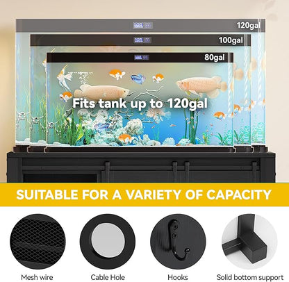 DWVO 120 Gallon Aquarium Stand with Power Outlets, Heavy Duty Metal Fish Tank Stand & Cabinet, Reptile Terrarium Table with 1100LBS Capacity for Aquarium Accessories Storage, Black