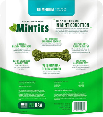 Minties Dental Chews for Dogs, 60 Count, Vet-Recommended Mint-Flavored Treats for Medium Dogs 25-50 lbs, Bones Clean Teeth, Fight Bad Breath, and Removes Plaque and Tartar
