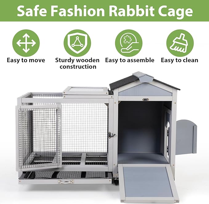 COZIWOW 39inches Fashion Wood Rabbit Hutch Indoor，Wide Space Small Animal Houses Habitats with Removable Tray&Safety Lock，Bunny Cage with Waterproof Roof&Solar Panels (Grey)
