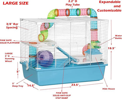 Large Deluxe 3-Tiers Hamster Gerbil Mouse Mice Habitat House Critters Cage with Complete Set of Accessories Expandable and Customizable