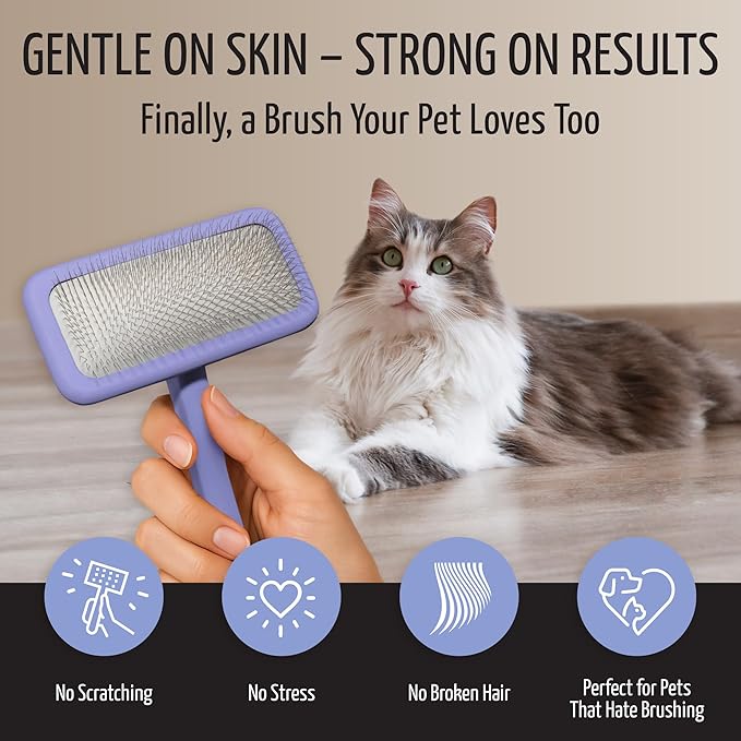 Tauro Pro Line Wooden Deshedding Dog Brush for Long Goldendoodle, Labradoodle & Poodle Hair - Purple Slicker Brush for Dog & Cat Grooming - Rectangular Flexible Cushion & Non-Slip Grip, L