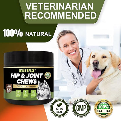 Noble Beast Dog Joint Supplement - Hip and Joint Care for Dogs - All Natural - Soft Chews with Glucosamine, Chondroitin, MSM & Hemp for Dog Joint Relief - Chicken Flavor – 120 Count