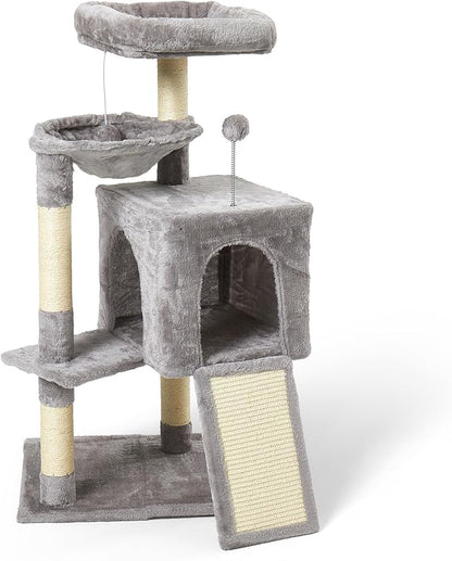 37-inch Cat Tree Tower with Multi-Level Cat Condo, Scratching Posts,2-Door Cat Cave,Light Grey