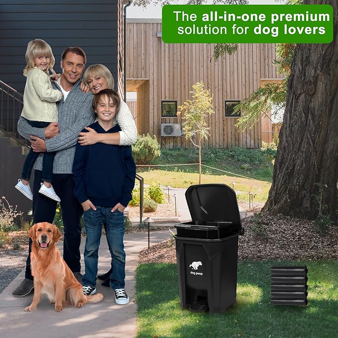 Dog Poop Trash Can Outside, 20L/5Gallon Pedal and Removable Inner Waste Bin, Outdoor Dog Poop Trash Can with 100 Bags, Pet Waste Container for Garden, Black