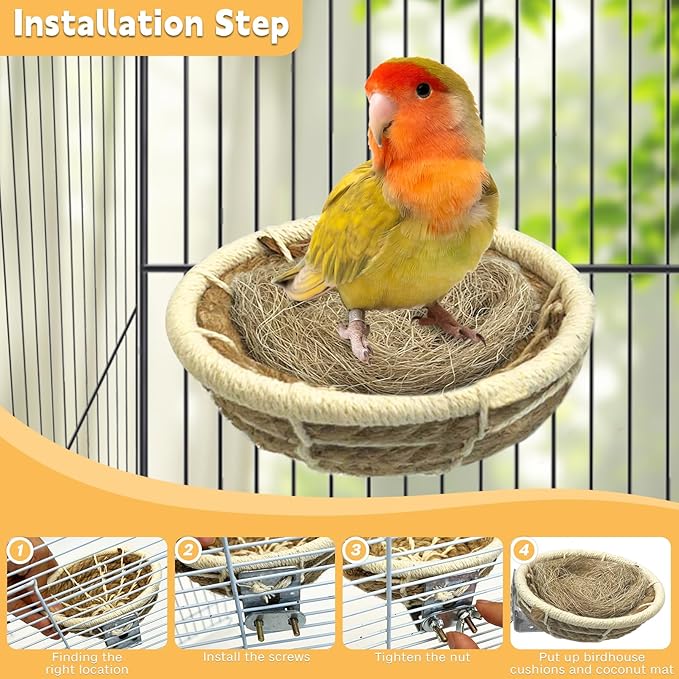 kathson Hemp Rope Weave Bird Breeding Nest Bed for Parakeet Cockatiel Canary Lovebird and Small Parrot Cage Hatching Nesting Box（Beige）