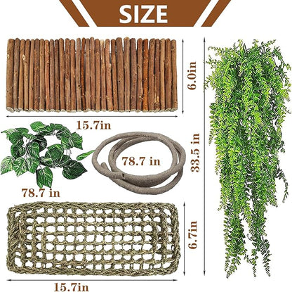 kathson Reptile Hideout Wooden Bridge Bearded Dragon Hammock Reptiles Jungle Climbing Vines Flexible Leaves Bearded Dragon Accessories for Lizard Gecko Chameleon Snake Hamster(5 Pcs)