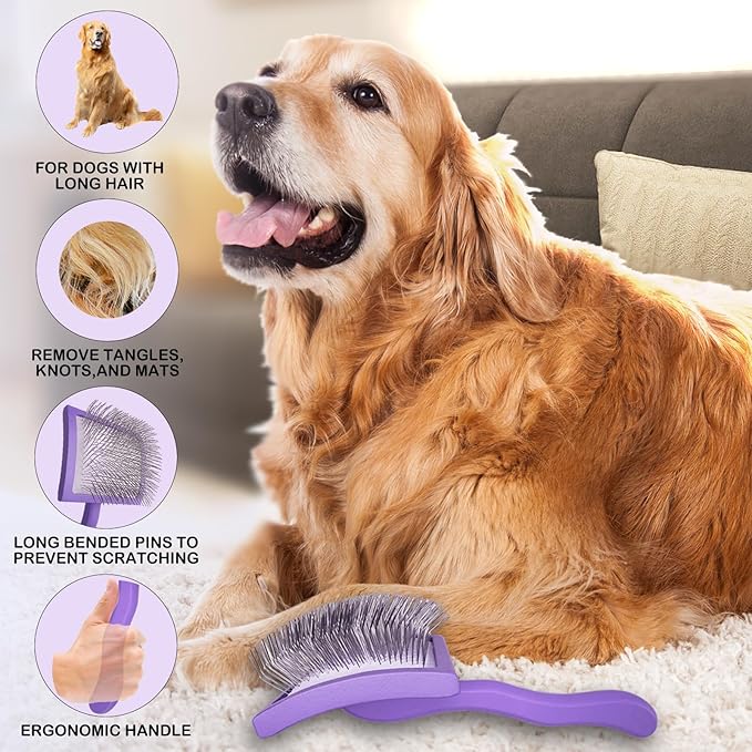 Dog Slicker Brush for Golden Doodle Grooming Kit - Dematting Brushes for Goldendoodles, Labradoodles, Poodles - Pet Hair Brush for Medium & Long Haired Dogs - Large (Purple)