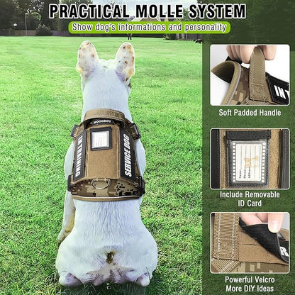 Tactical Dog Harness and Leash Set Medium Sized Dog,Heavy Duty No Pull Service Dog Vest and 10 Patches with Dog Seat Belt,Reflective Adjustable Pet Harness for Training Walking Hiking Camo M