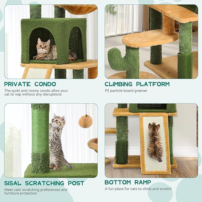 YITAHOME 60in Cactus Cat Tree: Multi-Level Tall Kitty Tower Indoor, Large Kitten Condo with Plush Platform, Hammock, Scratching Posts, and Dangling Balls for 2-3 Cats