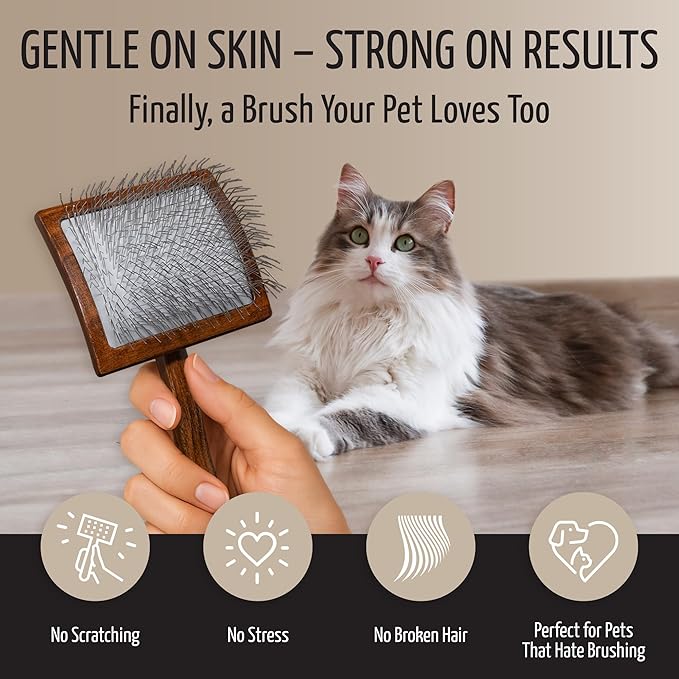 Tauro Pro Line Wooden Deshedding Dog Brush for Long Goldendoodle, Labradoodle & Poodle Hair - Brown Slicker Brush for Dog & Cat Grooming - Square Flexible Cushion & Non-Slip Grip, L