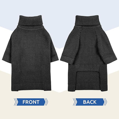 Queenmore Turtleneck Long Sleeve Knitted Sweater with Check Pattern, Fall Winter Warm Sweaters for Small Medium Large Dogs and Cats, Solid Pull-on Pet Sweater, Charcoal Gray M