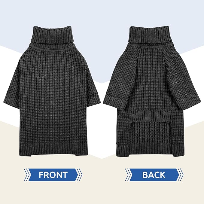 Queenmore Turtleneck Long Sleeve Knitted Dog Sweater With Check Pattern, Fall Winter Warm for Small Medium Large Dogs, Solid Pull-on Pet Sweater for Cats, Charcoal Gray 3XL