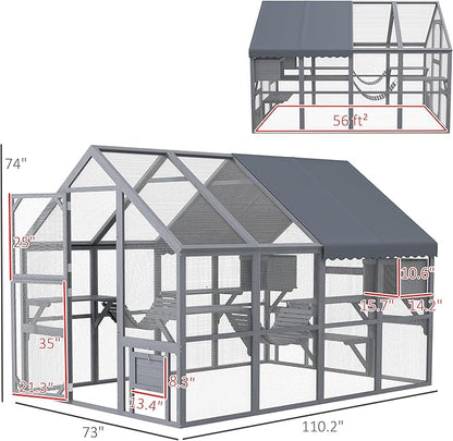 PawHut Large Catio Outdoor Cat Enclosure for Multiple Kittens, Wooden Cat House with Waterproof Cover, Walk in Kitty Cage Kennel with 2 Condos, 6 Platforms, Bridge, Doors, 110" x 73" x 74", Gray