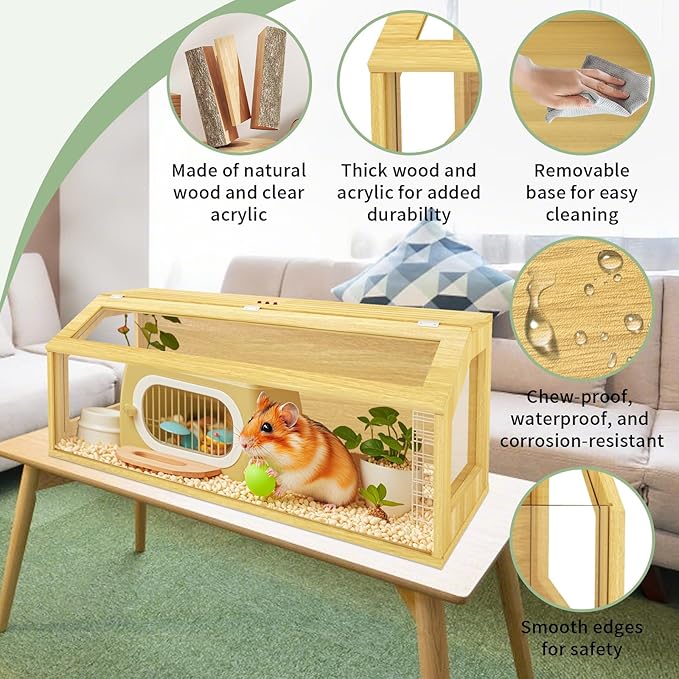 48" Large Hamster Cage, Chewproof Gerbil Cages and Habitats, Openable Top Roof Window with Silencing Pad, Wooden Guinea Pig Cage for Small Animals, Dwarf and Syrian Hamster, 48 x 20 x 20 Inches