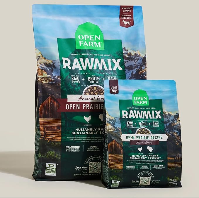 Open Farm, RawMix Dry Dog Food with Ancient Grains, Protein-Packed Kibble Coated in Bone Broth with Freeze Dried Raw Chunks, Chicken & Turkey, Open Prairie Recipe, 20lb Bag