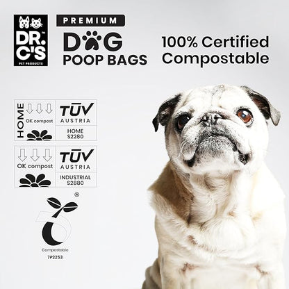 100% Certified Compostable Dog Poop Bags - Dr. C's Premium Dog Poop Bags - 270 Bags / 18 Rolls, Extra thick, Leak Proof, Unscented, Plant Based and Earth Friendly, Dispenser Included