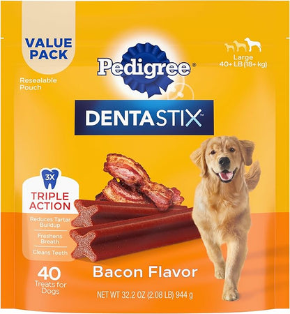 Pedigree Dentastix Large Breed Dog Treats, Bacon Flavor, 2.08 lb. Bag (40 Treats)
