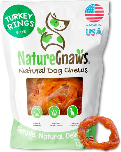 Nature Gnaws USA Turkey Tendon Rings for Dogs (8oz) - Delicious Grain Free Reward Snack for Small, Medium & Large Breeds - Premium Natural Dog Chew Treats