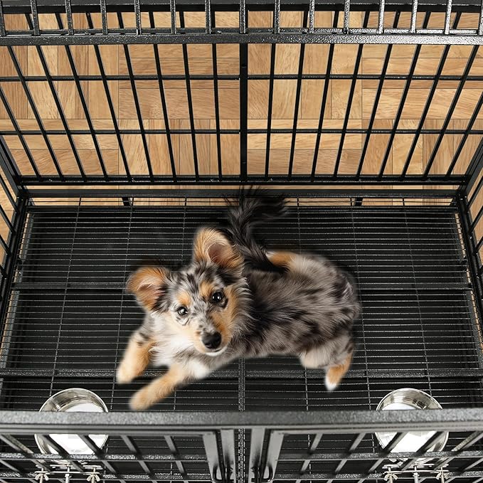 Homey Pet 43 Inch Metal Wire Dog Whelping Box for Puppies + Stackable Heavy Duty Dog Crate Cage Kennel with Wheels, Divider, Plastic Floor Grid and Tray for Medium/Small Sized Dogs