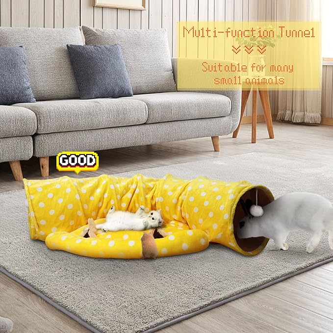 BWOGUE Bunny Tunnel Bed, 2-in-1 Collapsible Tunnel Tubes Toys with Removable Mat Hideout for Cats Kittens Rabbits Guinea Pigs Kitty