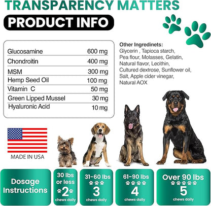 Hemp Hip and Joint Supplement for Dogs - Glucosamine for Dogs - 170 Joint Pain Relief Treats - Chondroitin, MSM, Hemp Oil - Advanced Health Supplement - Mobility Support Chews - Made in USA