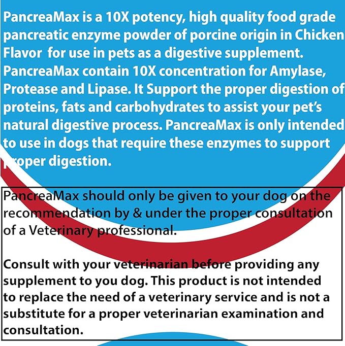 PancreaMax 10x Pancreatic Enzymes for Dogs and Cats (12 oz) Powder (Made in U.S.A). Pancreatin 10X for Dogs and Cats Contain Pancreatic Enzyme, High Strength, Low Odor.(10x Porcine Pancreatin)