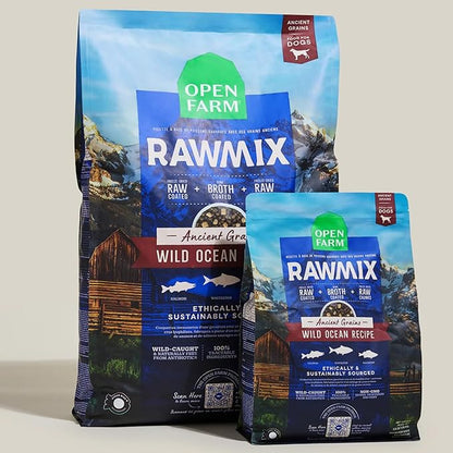 Open Farm, RawMix Dry Dog Food with Ancient Grains, Protein-Packed Kibble Coated in Bone Broth with Freeze Dried Raw Chunks, Salmon Whitefish & Rockfish, Wild Ocean Recipe, 20lb Bag
