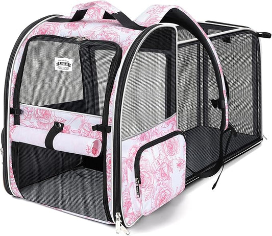 Lekebobor Large Cat Backpack Carrier Expandable Pet Carrier Backpack for Small Dogs Medium Cats Fit Up to 18 Lbs,Dogs Foldable Puppy Backpack Carrier for Travel, Hiking,Pink Flowers Pattern