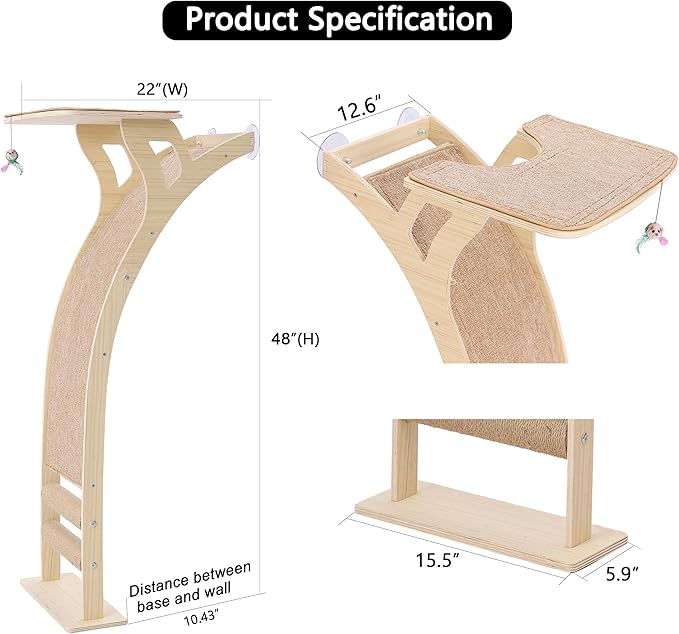 Cat Window Perch with Scratcher Ramp, 48" Climbing Tree Suctions Cups to Window Maximum Hold Up to 45lb, Wood Kitty Bed for Small Window