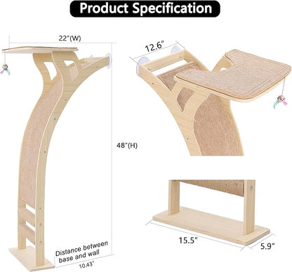 Cat Window Perch with Scratcher Ramp, 48" Climbing Tree Suctions Cups to Window Maximum Hold Up to 45lb, Wood Kitty Bed for Small Window