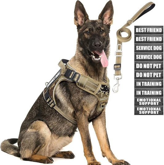 Tactical Dog Harness and Leash Set for Large Dogs,Heavy Duty No Pull Service Dog Vest and 10 Patches with Dog Seat Belt,Reflective Adjustable Pet Harness for Training Walking Hiking Camo L