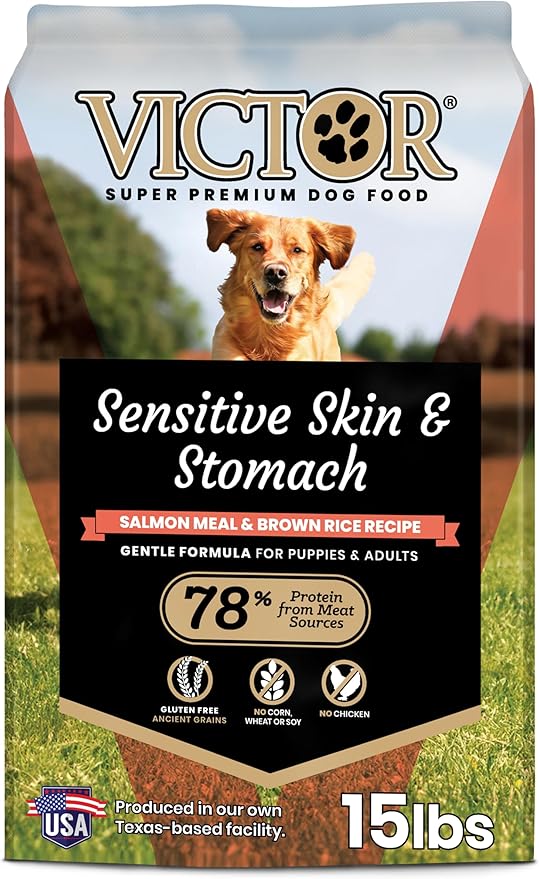 VICTOR Super Premium Dog Food — Sensitive Skin and Stomach — Salmon Meal & Brown Rice Recipe Dry Kibble — Gluten Free, No Chicken, Ideal for Dogs with Allergies — Adult and Puppy Food, 15 lb
