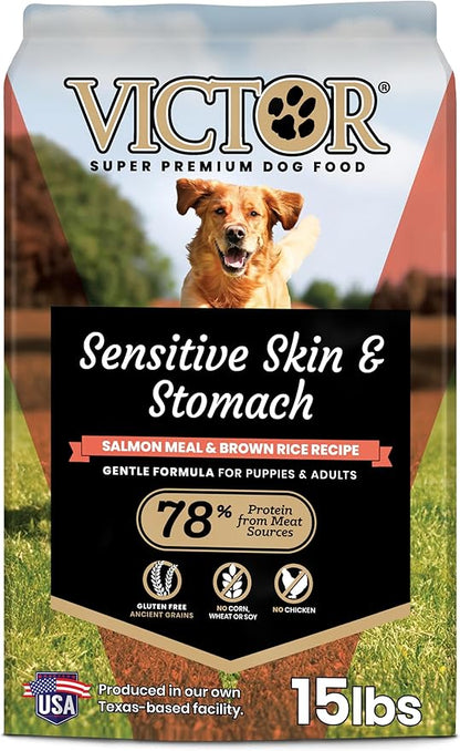 VICTOR Super Premium Dog Food — Sensitive Skin and Stomach — Salmon Meal & Brown Rice Recipe Dry Kibble — Gluten Free, No Chicken, Ideal for Dogs with Allergies — Adult and Puppy Food, 15 lb