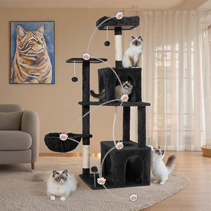 Cat Tree, 54-Inch Cat Tower for Indoor Cats,Plush Multi-Level Cat Condo with Scratching Posts, Basket, Perches,2 Caves,2 Pompoms(Black)
