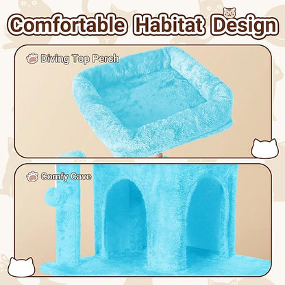 Cat Tree, 54-Inch Cat Tower for Indoor Cats,Plush Multi-Level Cat Condo with Scratching Posts, Basket, Perches,2 Caves,2 Pompoms(Blue)