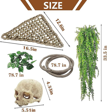 kathson Reptile Habitat Skull Decoration Bearded Dragon Tank Accessories Resin Human Skulls Hide Cave Hanging Vines Plant for Lizards Tortoise Snake Chameleon Spider Reptiles Amphibians(4 PCS)