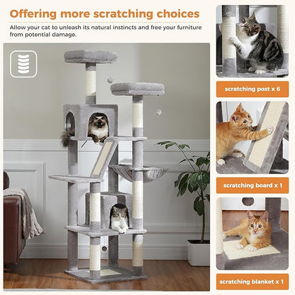 PAWZ Road 70 Inch Cat Tower, Tall Cat Tree with 2 Cozy Condos, 2 Plush Perch, Large Basket, 2 Scraching Pad & 6 Scraching Posts for Indoor Cats Large Adult, Gray