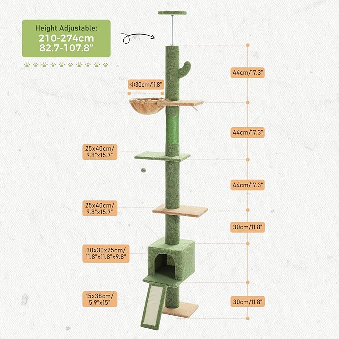 PETEPELA Floor to Ceiling Cat Tree[83"-108"], Cat Tower 5 Levels, Height Adjustable, Cat Scratching Post with Top Perches and Spacious Condo for Large Indoor Cats, Cactus Green