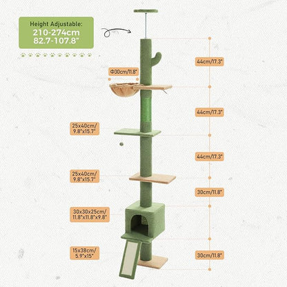 PETEPELA Floor to Ceiling Cat Tree[83"-108"], Cat Tower 5 Levels, Height Adjustable, Cat Scratching Post with Top Perches and Spacious Condo for Large Indoor Cats, Cactus Green