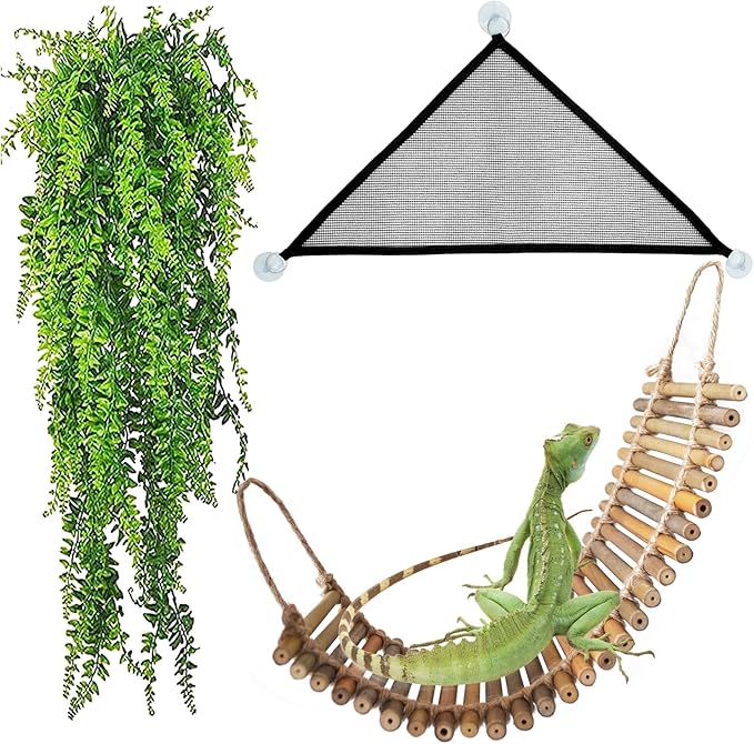 kathson Reptile Bridge for Terrarium,Bearded Dragon Wooden Bridges Gecko Hammock with Hanging Plants Lizard Lounger Bamboo Ladder Reptiles Tank Accessories Climbing for Chameleons Geckos Snakes (3Pcs)