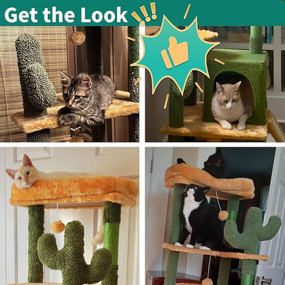 YITAHOME 60in Cactus Cat Tree: Multi-Level Tall Kitty Tower Indoor, Large Kitten Condo with Plush Platform, Hammock, Scratching Posts, and Dangling Balls for 2-3 Cats