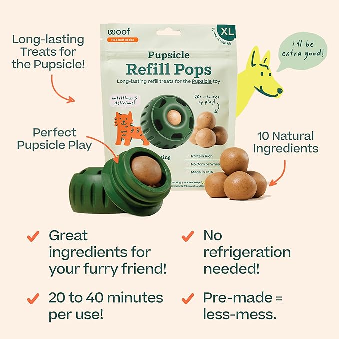 WOOF Pupsicle Refill Pops - Low-Mess Dog Snacks - with Peanut Butter and Beef - Dog Treats - Long Lasting - XL Pops - 5 Count - 2 Pack