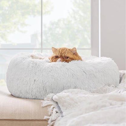 Bedsure Calming Cat Beds for Indoor Cats - Small Cat Bed Washable 20 inches, Anti-Slip Round Fluffy Plush Faux Fur Pet Bed, Fits up to 15 lbs Pets, Frost Grey